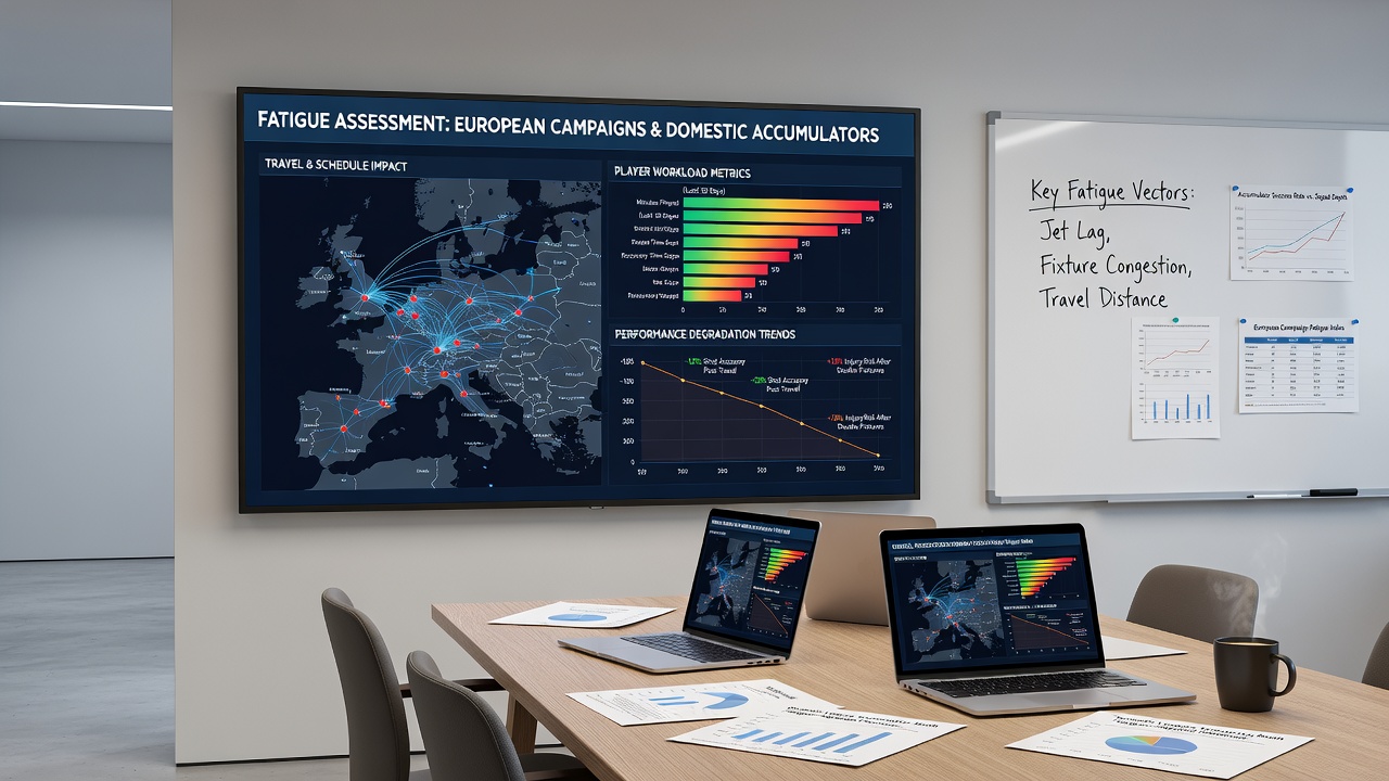Coaches reviewing match data and recovery metrics for players involved in European competitions