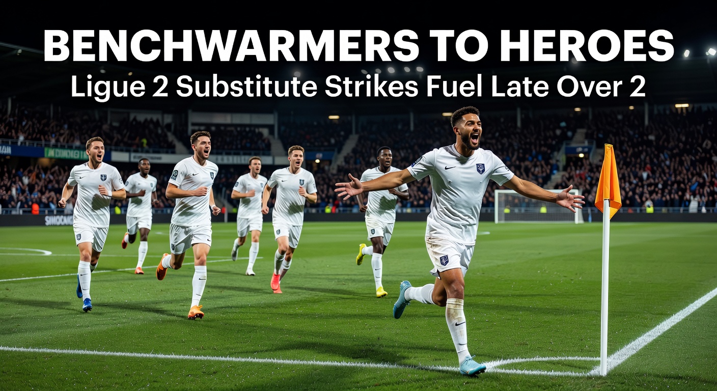 Ligue 2 substitute player celebrating a dramatic late goal in a packed stadium, turning the match into a high-scoring thriller