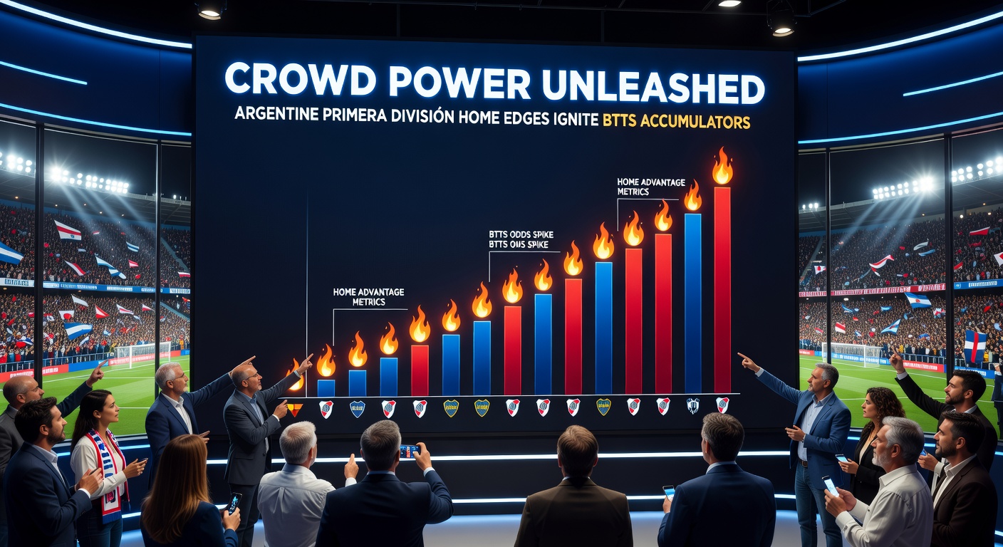 A packed Argentine stadium under floodlights, with fans waving flags during a heated Primera División home game, illustrating the crowd's role in high-scoring encounters