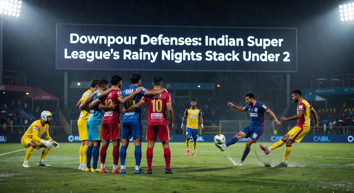 Floodlights piercing through heavy rain during an Indian Super League night match, with players battling slippery conditions on a waterlogged pitch