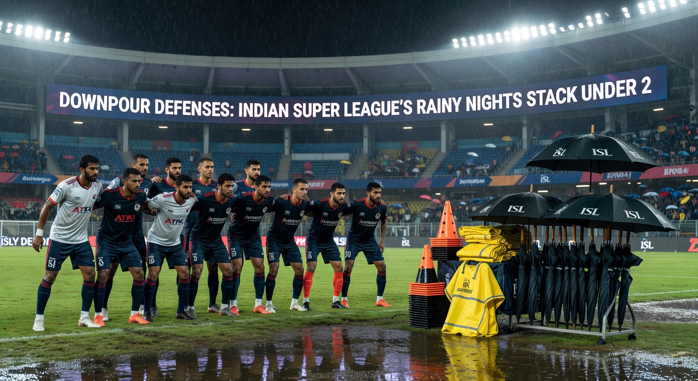 Defensive huddle in pouring rain at an ISL stadium, fans in ponchos under stadium lights as the ball stays in midfield