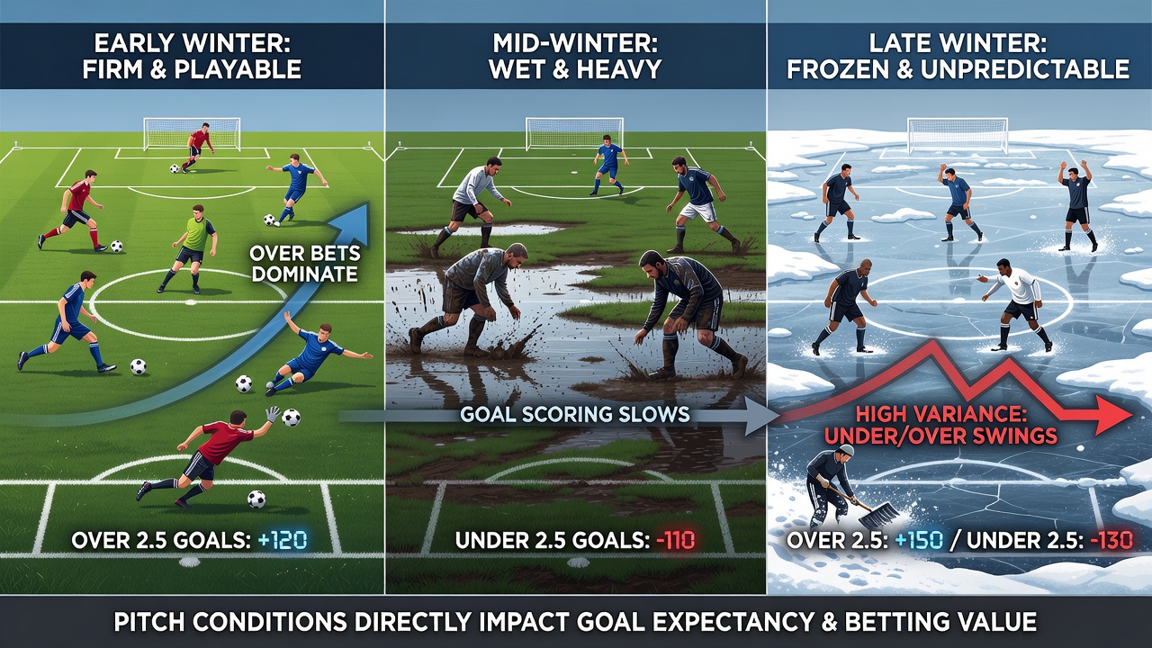 Players navigating a rain-soaked pitch in winter, with visible water patches affecting ball control and defensive positioning
