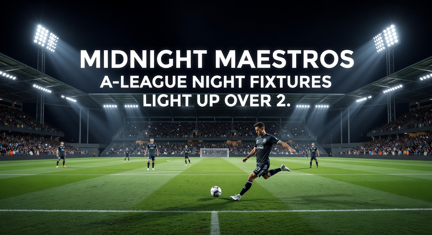 Vibrant A-League night match under floodlights with players chasing a goal, crowd roaring in the stands