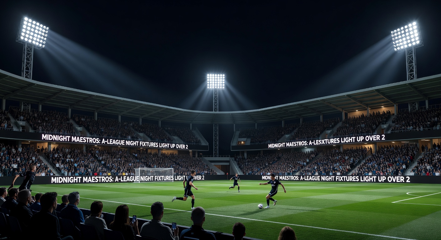 Explosive A-League goal celebration during a thrilling night fixture, fireworks from the crowd in the background