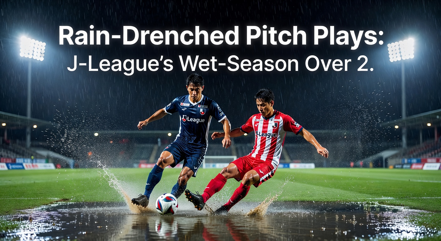 Rain-soaked J-League pitch during a stormy match, with players sliding through puddles under heavy downpour