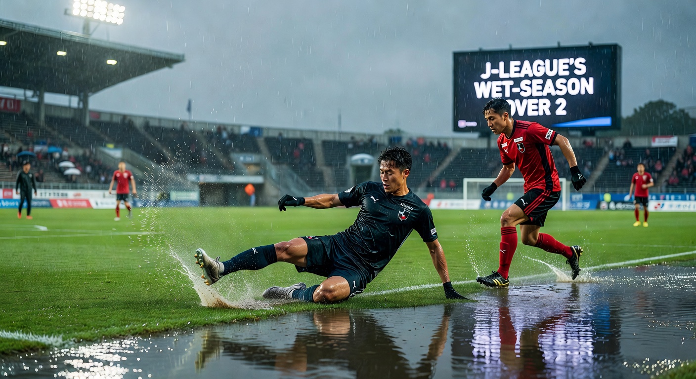 J-League players battling through a waterlogged field, goals flying in amid torrential rain and thunderous skies