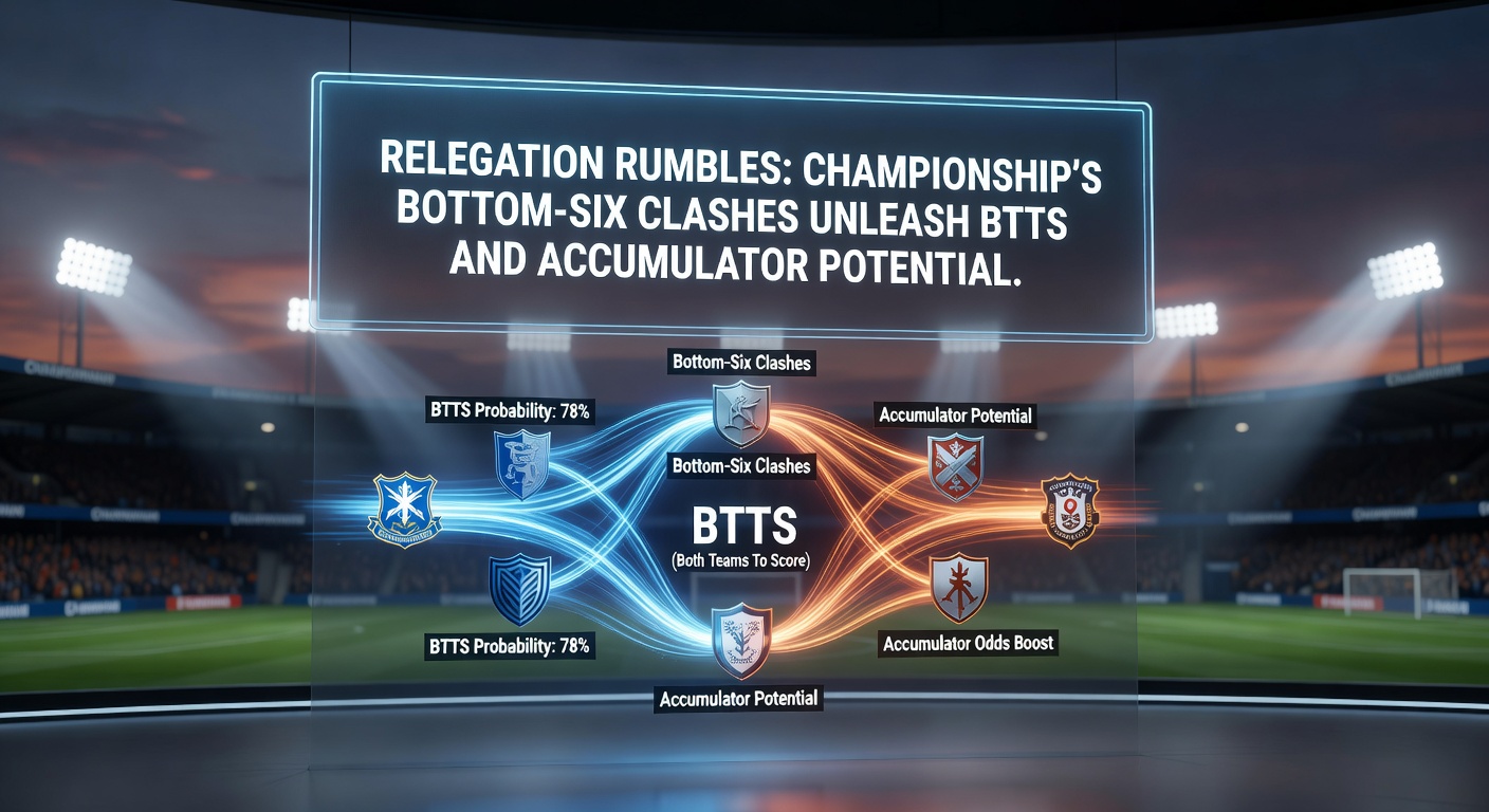 Intense Championship match between bottom-six teams, fans roaring as players clash in a goalmouth scramble