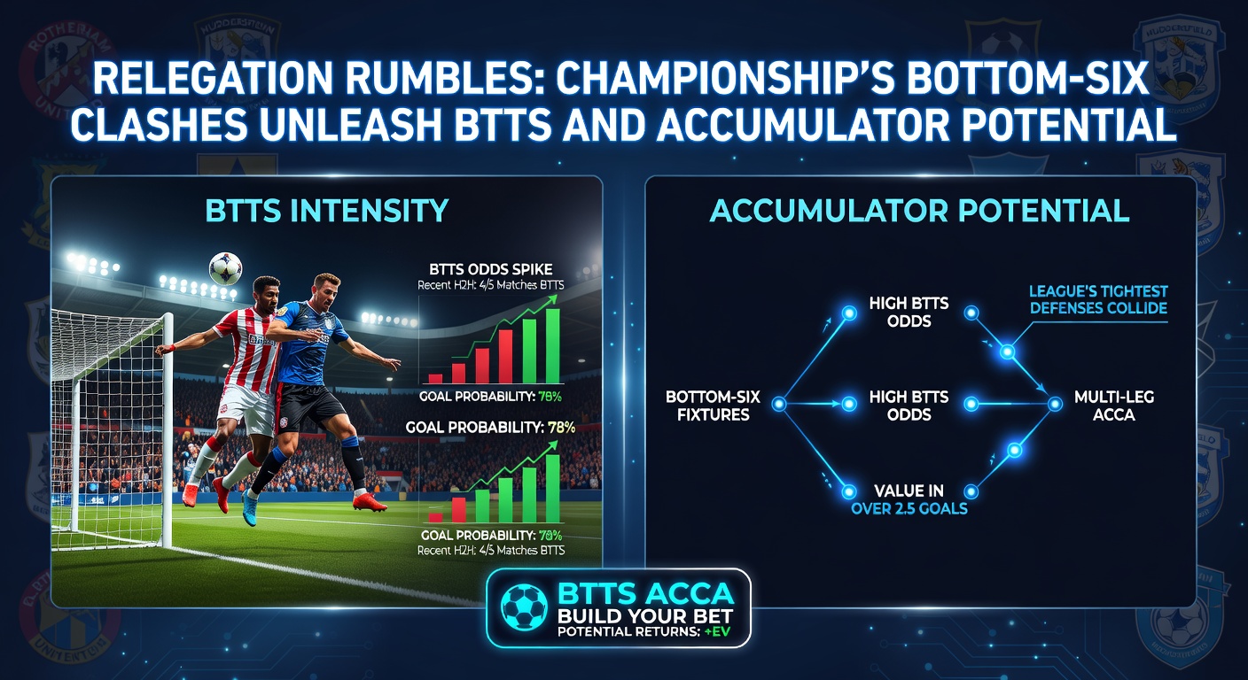 Statistical chart showing BTTS percentages in Championship bottom-six matches versus league average, with bars rising sharply for relegation clashes