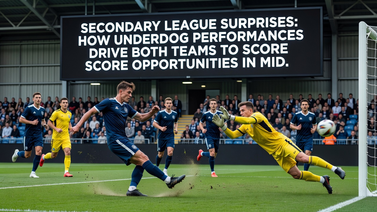 Close-up of players celebrating a goal in an evening secondary league fixture